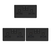 3 PACK 2 Gang Double DP 13A Switched UK Plug Socket SCREWLESS MATT BLACK Power