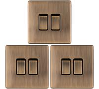 3 PACK 2 Gang Double Light Switch SCREWLESS ANTIQUE BRASS 2 Way 10A Slim Rocker
