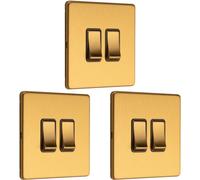 3 Pack 2 Gang Double Light Switch SCREWLESS Satin Brass 2 Way 10A Slim Rocker - Decorative Kitchen Living Room Bedroom Plate