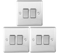 3 PACK 2 Gang Double Metal Light Switch SATIN STEEL 2 Way 10A Grey Trim