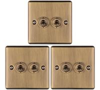 3 Pack 2 Gang Double Retro Toggle Light Switch Antique Brass 10A 2 Way Plate - Classic Vintage Style Flick Lever Wall Plate