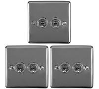 3 PACK 2 Gang Double Retro Toggle Light Switch BLACK NICKEL 10A 2 Way Plate