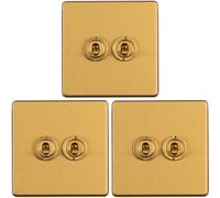 3 PACK 2 Gang Double Retro Toggle Light Switch SCREWLESS SATIN BRASS 10A 2 Way
