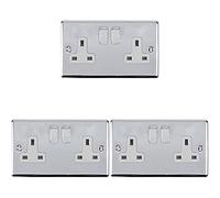 3 Pack | 2 Gang Double/Twin Switched UK Plug Socket -Polished Chrome & Grey Trim- Mains 240V 13A DP/Double Pole - Decorative Kitchen/Interior Wall Face Plate Power Outlet