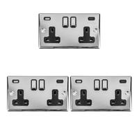 3 PACK 2 Gang Double UK Plug Socket & Dual 3.1A USB-C & A CHROME 13A Switched