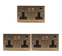 3 PACK 2 Gang Double UK Plug Socket & Dual 3.1A USB-C ANTIQUE BRASS 13A Switched