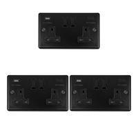 3 PACK 2 Gang Double UK Plug Socket & Dual 3.1A USB-C MATT BLACK 13A Switched