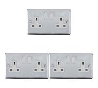 3 PACK 2 Gang Double UK Plug Socket POLISHED CHROME 13A Switched White Trim