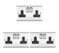3 Pack 2 Gang Double Uk Plug Socket Satin Steel & Black 13A Switched Outlet