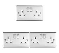 3 Pack 2 Gang Double Uk Plug Socket Satin Steel & White 13A Switched Outlet