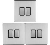 3 PACK 2 Gang Single Light Switch SCREWLESS SATIN STEEL 2 Way 10A Slim Rocker