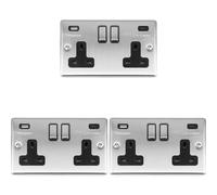 3 PACK 2 Gang UK Plug Socket & 2x 3.1A USB-C & A SATIN STEEL & BLACK 13A Switch