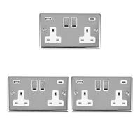 3 PACK 2 Gang UK Plug Socket & Dual 3.1A USB-C & A CHROME & WHITE 13A Switched