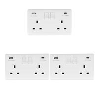 3 PACK 2 Gang UK Plug Socket & Dual 3.1A USB-C & A WHITE PLASTIC 13A Switched