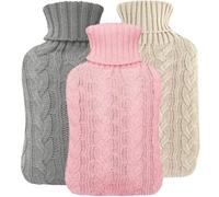 3 Pack 2L Hot Water Bottle with Cover UK - Natural Rubber 2 Litre Hot Water Bottle - Perfect Hot Water Bag for Pain Relief, Hand Feet Warmer & Cold Compress (Cream Bottles x1 Cream, Grey Pink Cover)