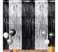 3 Pack 3.3Ft x 6.6Ft Graduation Foil Fringe Curtain Backdrop Decorations, Black Silver Metallic Tinsel Foil Streamers Curtain Photo Background for Graduation Prom Wedding Birthday Party Decorations
