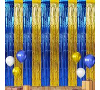 3 Pack 3.3Ft x 6.6Ft Graduation Foil Fringe Curtain Backdrop Decorations, Blue Gold Metallic Tinsel Foil Streamers Curtain Photo Booth Background for Graduation Prom Wedding Birthday Party Decorations