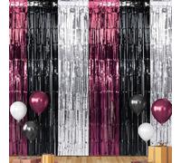 3 Pack 3.3Ft x 6.6Ft Graduation Foil Fringe Curtain Backdrop Decorations, Maroon Black Silver Metallic Tinsel Foil Streamers Curtain Photo Booth Background for Graduation Prom Wedding Birthday Party