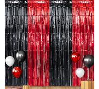 3 Pack 3.3Ft x 6.6Ft Graduation Foil Fringe Curtain Backdrop Decorations, Red Black Metallic Tinsel Foil Streamers Curtain Photo Booth Background for Graduation Prom Wedding Birthday Party Decorations