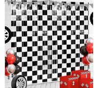 3 Pack 3.3Ft x 6.6Ft Race Car Checkered Foil Fringe Curtain Backdrop Decorations, Black White Metallic Tinsel Foil Streamers Curtain Photo Booth for Race Car One Happy Dude Birthday Party Decorations