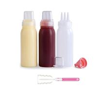 3-Pack 3-Hole Sauce Squeeze Bottles Set - 13oz/380ml Plastic Condiment Bottles with Lids, Funnel, Brush & Labels - Squeeze Bottles with Nozzle for Ketchup, Oil, BBQ, Pancake Art, Salad Dressing