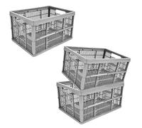 Monal Homion 32L Foldable Plastic Storage Crate - Collapsible Stackable Basket with Handles for Home, Garage & Car Boot - Grey - Pack Size Selection (3)