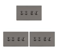 3 PACK 4 Gang Quad Retro Toggle Light Switch SCREWLESS BLACK NICKEL 10A 2 Way
