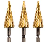 3 Pack - 4mm to 20mm Spiral Flute Step Drill Bits High Speed Steel Titanium Coated, Metric Hex Shank, HSS Tool Set for DIY Plastic Wood Steel Metal Aluminum. Cone Cutter Hole Cutter Drill Bits