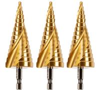 3 Pack - 4mm to 32mm Spiral Flute Step Drill Bits High Speed Steel Titanium Coated, Metric Hex Shank, HSS Tool Set for DIY Plastic Wood Steel Metal Aluminum. Cone Cutter Hole Cutter Drill Bits