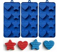 3 Pack 4th of July Silicone Molds, Independence Day Patriotic Chocolate Candy Molds with American Flag Heart & Star Shapes, Silicone Chocolate Molds for Candy, Soap, Ice, Cupcake Toppers