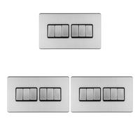 3 PACK 6 Gang Multi Light Switch SCREWLESS SATIN STEEL 2 Way 10A Slim Rocker