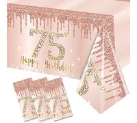 3 Pack 75th Birthday Tablecloth Decorations for Women, Pink Rose Gold Happy 75 Birthday Theme Table Cover Party Supplies, 75 Year Old Birthday Plastic Disposable Rectangular Table Cloth Decor