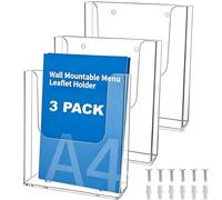 3 Pack A4 Clear Acrylic Document Rack, Wall Mount Portrait Magazine Holder | Vertical A4 literature display rack with mounting screws, office wall storage for brochures, papers and leaflets