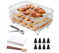 3 Pack Air Fryer Racks, Stackable Air Fryer Accessories, 3 Layers Stainless Steel Dehydrator Rack, Air Fryer Basket with Clips, Brush, 8 Heightening Feet and 100pcs Parchment Paper