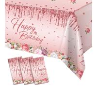 3 Pack Baby Pink Happy Birthday Table Cloths - Disposable Tablecloth Tables Cover Pink Birthday Table Decorations, 130 x 220cm Standard Size for Most Tables Girls Women Birthday Party Decoration 1st