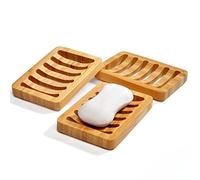 3 Pack Bamboo Wood Soap Dish Bar Soap Holder with Self Draining Tray Natural Waterfall Drain Soap Saver for Shower Bathroom Kitchen