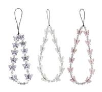 3 Pack Beaded Phone Bracelet Strap Crystal Butterfly Flower Pearl Charms Strap Colorful Acrylic Beaded Phone Charm Wrist Handmade Mobile Chain for Women Anti-Lost Lanyard