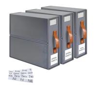 3 Pack Bed Sheet Storage Organiser (With Leather Handle) - Wardrobe Storage Boxes with PVC Window and Label - Storage Boxes with lids, fabric & Zip for Queen/King Sheets - WITH FREE 4 ELASTIC STRAPS