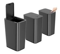 3 Pack Bedroom Bin,10L Slim Bathroom Bin with Lid,Push Button Plastic Waste Bin for Bathroom Anti-Odour,Plastic Thin Trash Can for Office,Living Room,Kitchen,Toilet (Black)