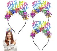 3 PACK Birthday Women Headband, Rainbow Tassel Birthday Tiara, Bling Happy Birthday Crown 'It's My Birthday' Headpiece for Party Favors Hair Accessories Decorations