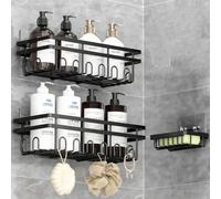 3 Pack Black Bathroom Caddy, No Drilling, Self Adhesive Shower Shelf with Soap Holder - Integrated Multi-Hook Organiser, Reinforced Double Wire Profiles, Carbon Steel - For Bathroom or Kitchen