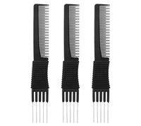 3 Pack Black Carbon Lift Teasing Combs with Metal Prong, Salon Teasing Back Combs, Black Carbon Comb with Stainless Steel Lift (Style A)