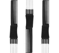 3 Pack Black Carbon Lift Teasing Combs with Metal Prong, Salon Teasing Back Combs, Black Carbon Comb with Stainless Steel Lift (Style A)