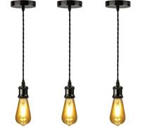 3 Pack Black E27 Pendant Light Fitting - Industrial Ceiling Lamp Kit with 2m Adjustable Twisted Fabric Cable, Metal Holder & Ceiling Rose