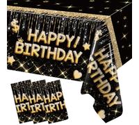 3 Pack Black Gold Happy Birthday Table Cloths - Disposable Tablecloth Tables Cover Gold and Black Birthday Table Decorations, 130x220cm Standard Size for Most Tables Boys Men Birthday Party Decoration