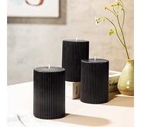 3-Pack Black Ribbed Pillar Candles Unscented, 2.75x4 Inches Black Candles Handmade, Aesthetic Decorative Textured Candle Set for Home Décor