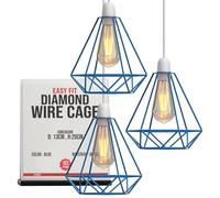 3 Pack Blue Geometric Diamond Pendant Light Shades - Modern Metal Wire Cage Ceiling Lampshades, Industrial Hanging Light Covers for Kitchen Island, Living Room, Bedroom, Dining,(14.5x20cm)