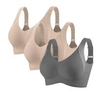 3 Pack Bras for Women Non Wired Seamless Wireless Push Up Bra Soft Support Full Coverage Everyday Bralettes Comfort Ribbed Plunge Bras Ladies Zero Feel Bralettes with Adjustable Padded Grey