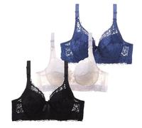 3 Pack Bras for Women Seamless Wireless Womens Floral Lace Non Wired Bra Wireless MinimizerBra Brassiere Everyday Bra Plus Size for Large Breasts Non Wired Sleeping (BK4, 100B)
