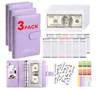 3 Pack Budget Binder with Cash Envelopes, Budget Planner with Money Saving Binder Accessories, Savings Challenge Book, Money Organizer for Cash, A6 PU Leather Monthly Bill Office (Purple)